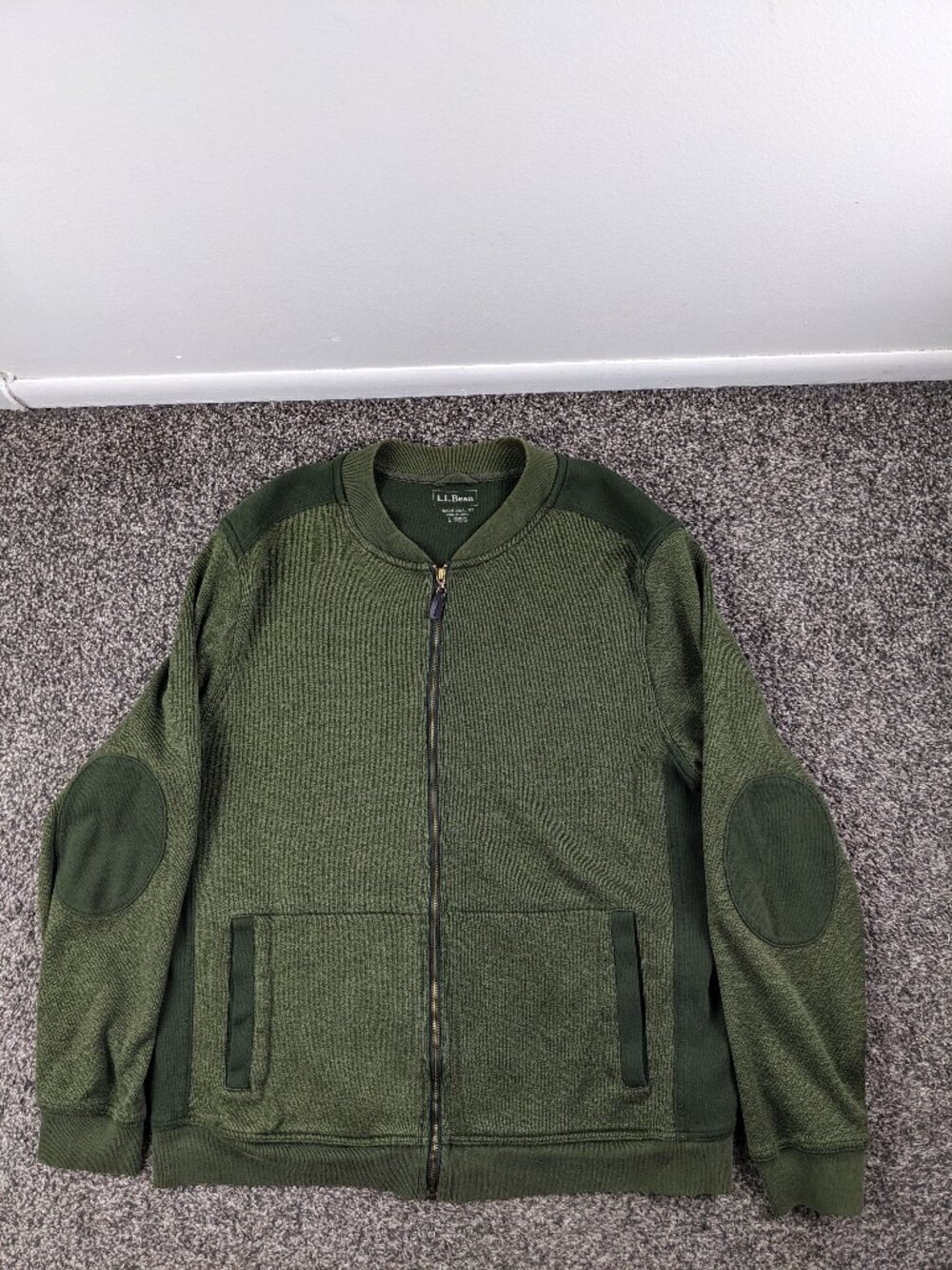 LL Bean Bomber Jacket Commando Sweater Elbow Patches Green Full Zip Mens Large